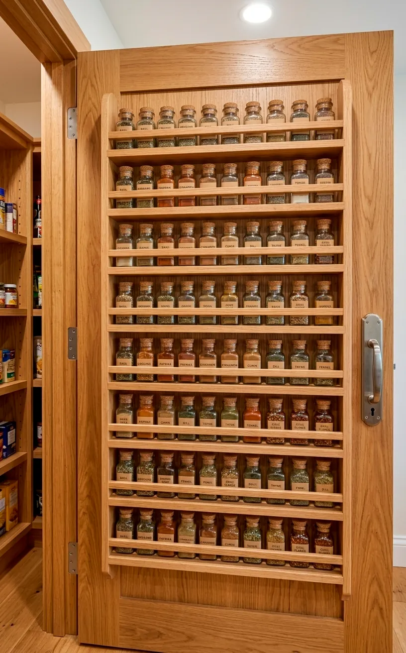 Wooden spice rack mounted on a pantry door with small glass jars and cork lids.