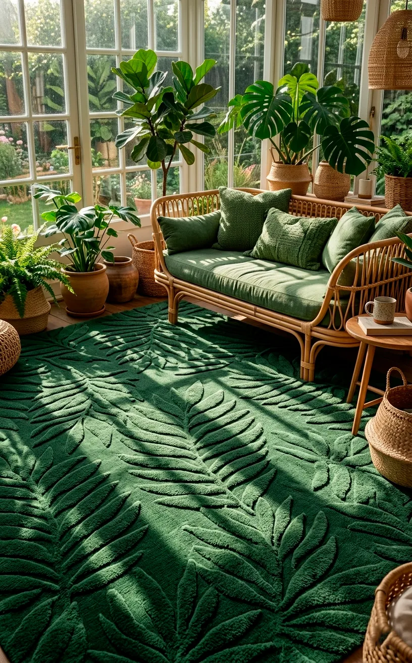 Textured forest green rug with raised leaf patterns in a sunroom with plants.