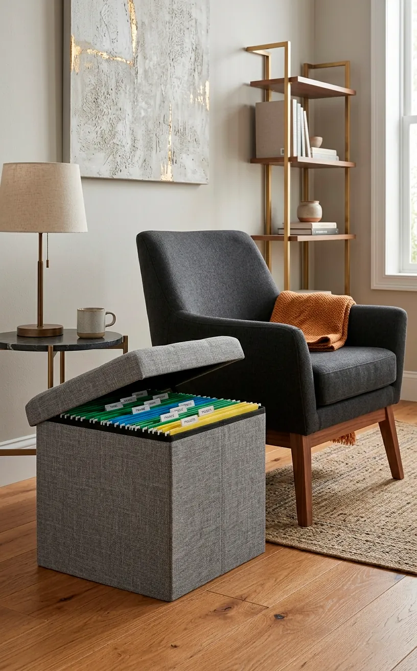 A gray linen storage ottoman holding office files in a stylish living room.