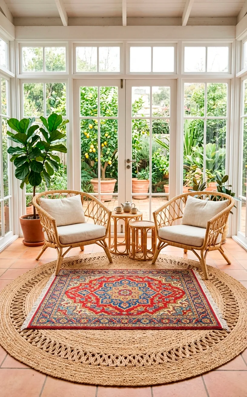 Layered rugs in a sunroom featuring a large round rattan rug under a smaller colorful rug.