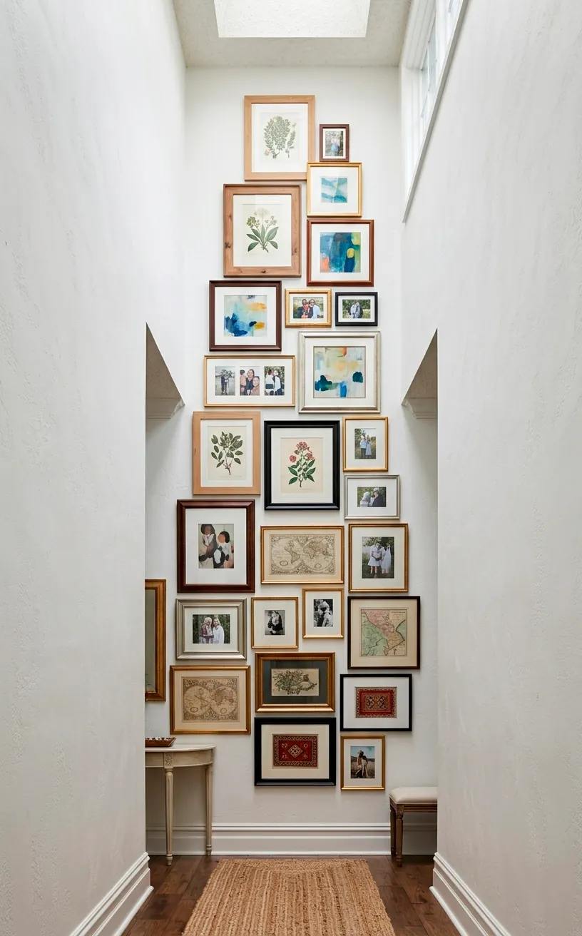 Vertical spine gallery wall layout in a narrow entryway going up to the ceiling.