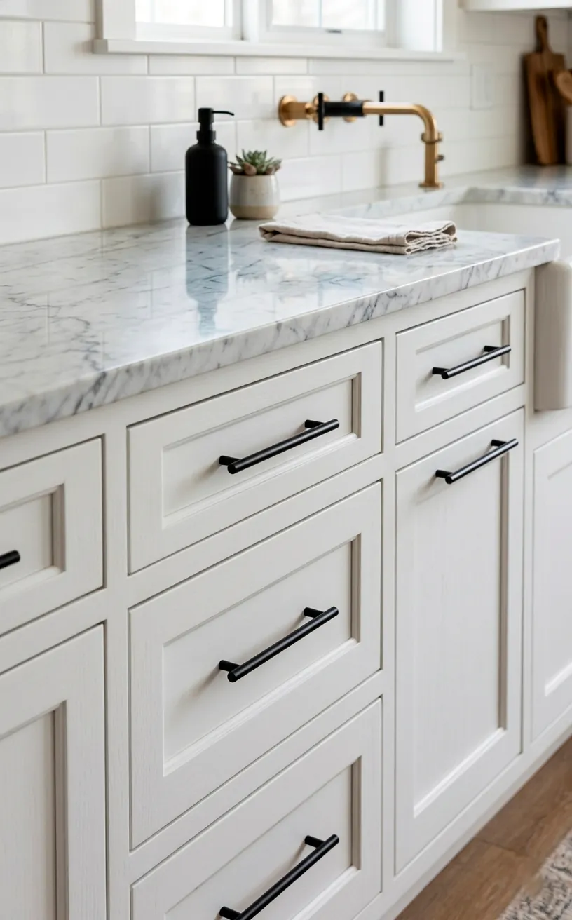 White shaker cabinets with modern matte black steel bar pulls.
