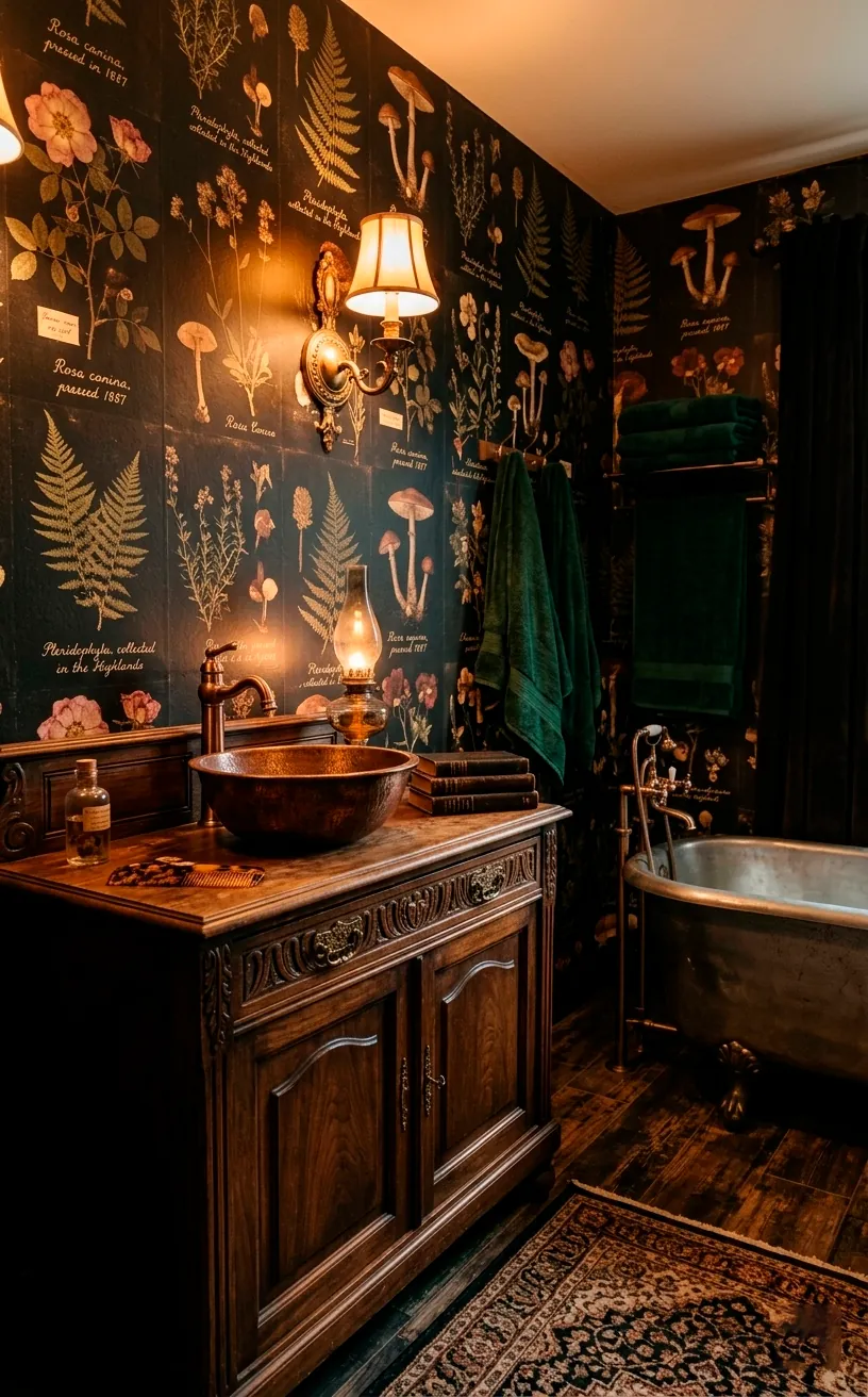 Dark Academia bathroom with herbarium floral wallpaper and a copper sink.