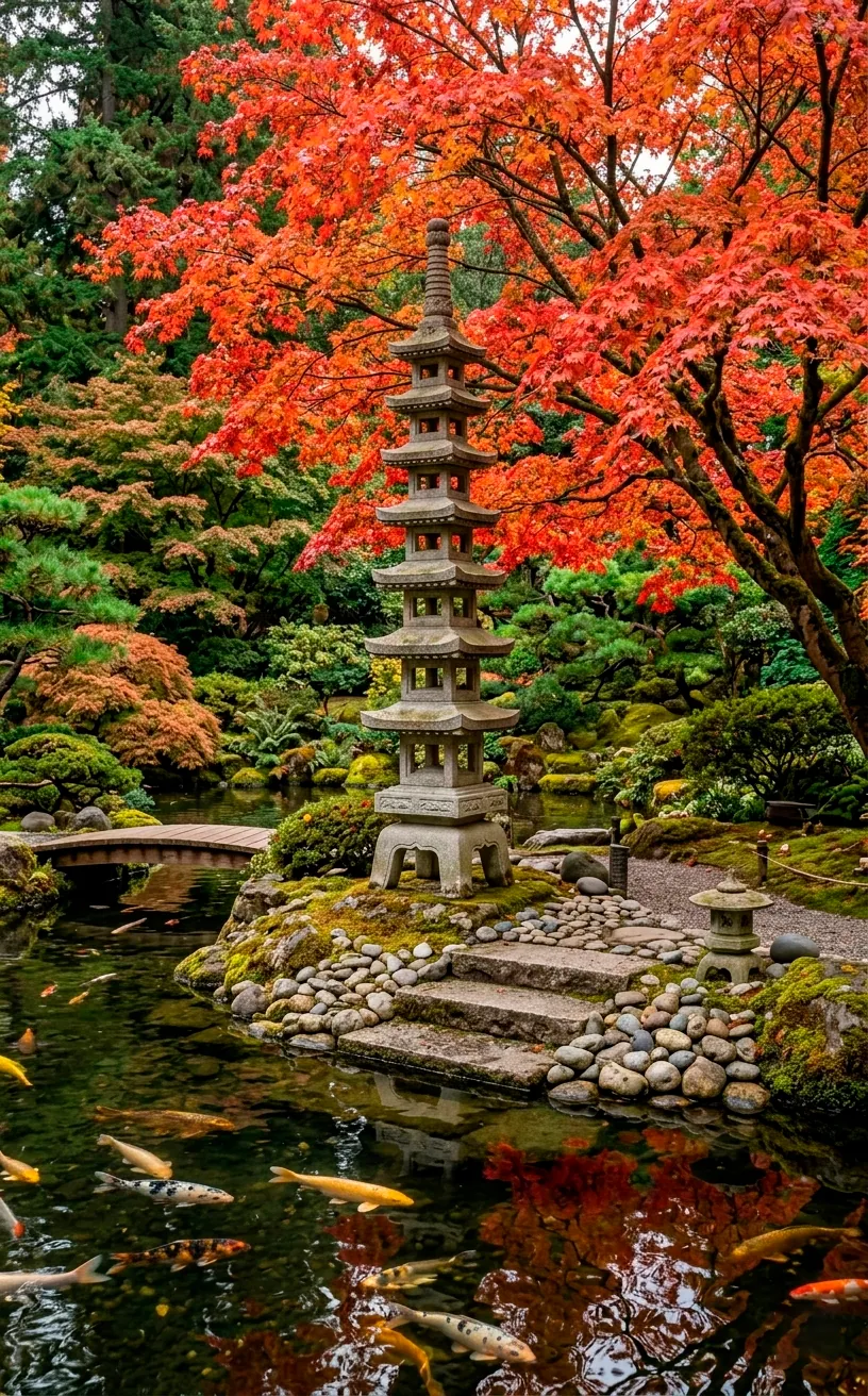 Traditional stone pagoda statue standing beside a serene pond with a red maple tree.