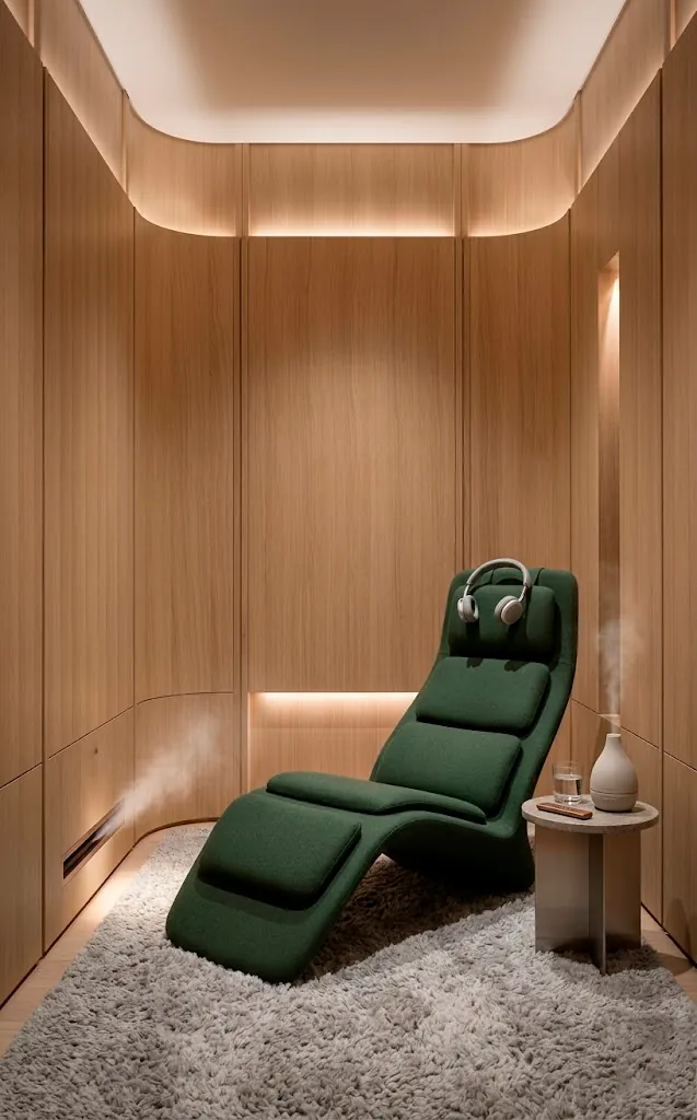 Futuristic wellness nook with a sculptural ergonomic chair and soft ambient lighting.