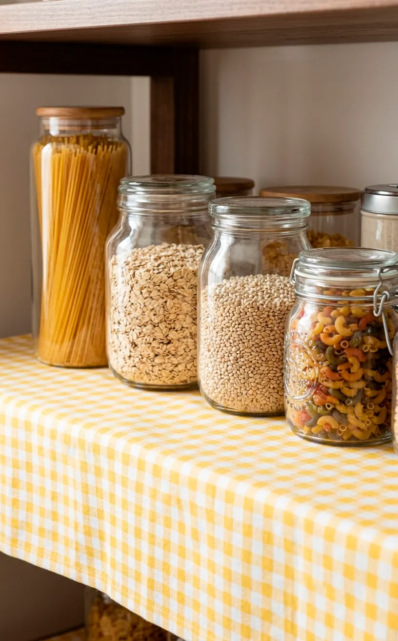 Pantry shelf lined with yellow gingham check liner and glass jars.