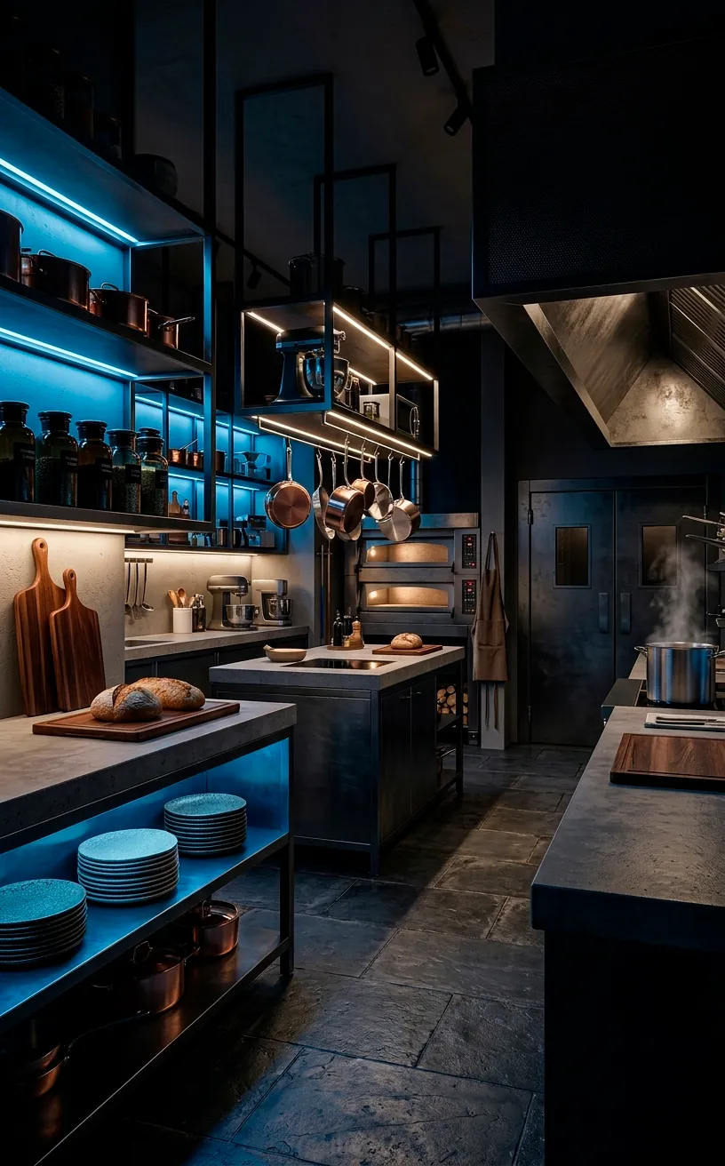 Smart LED lighting integrated into industrial kitchen cabinets and counters.