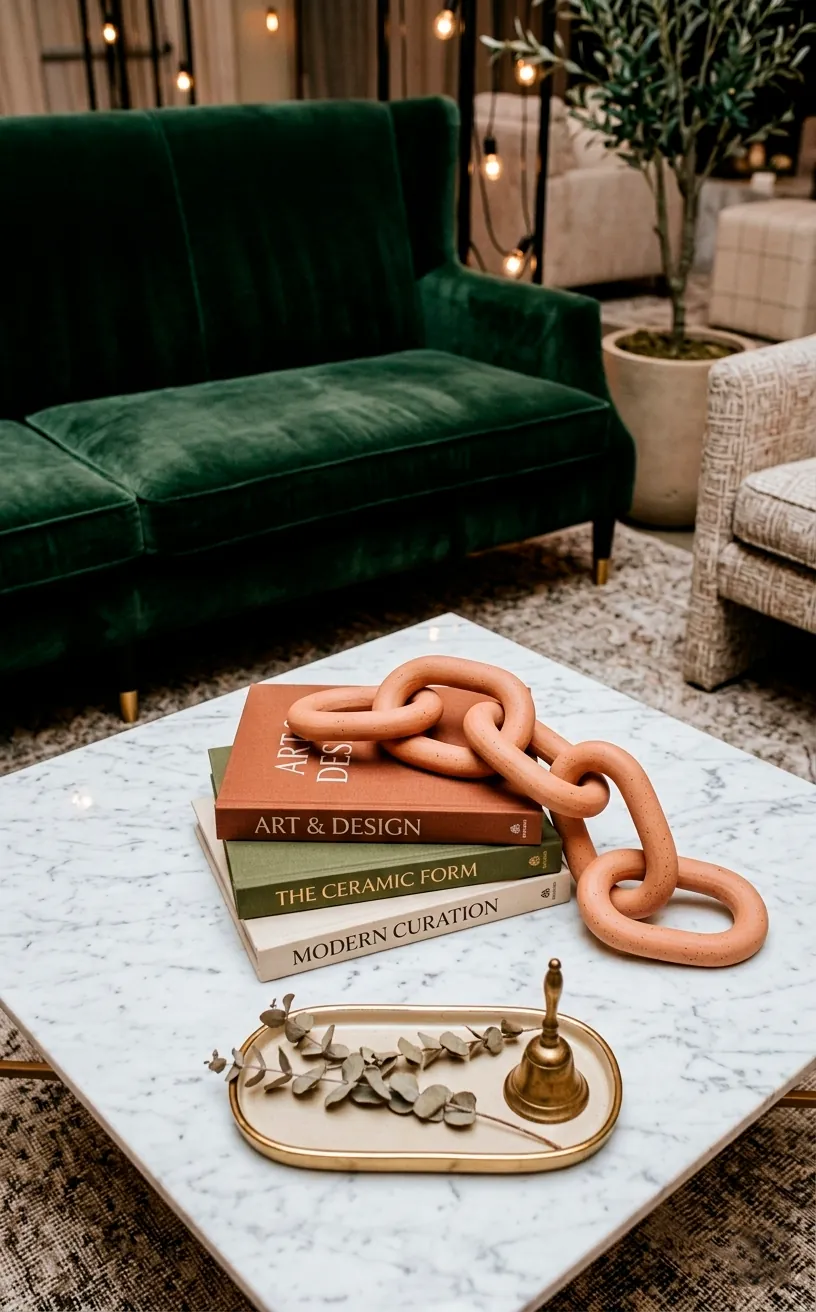 Large terracotta ceramic chain links used as modern wedding lounge decor.