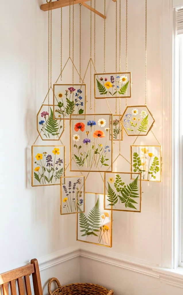 Hanging brass frames with pressed wildflowers and ferns against a sunlit white wall.