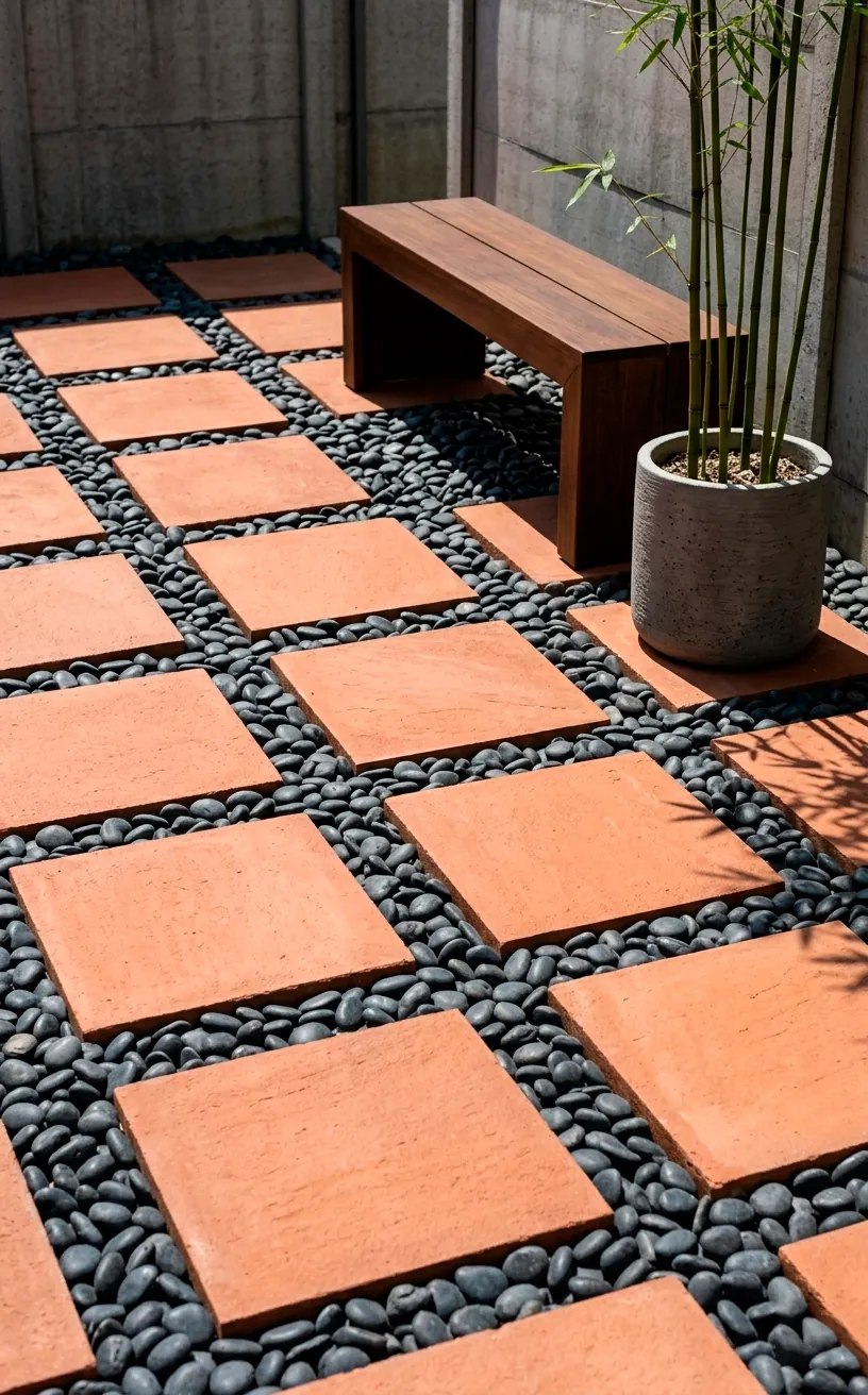 Minimalist Zen patio with terracotta pavers and black river stones.