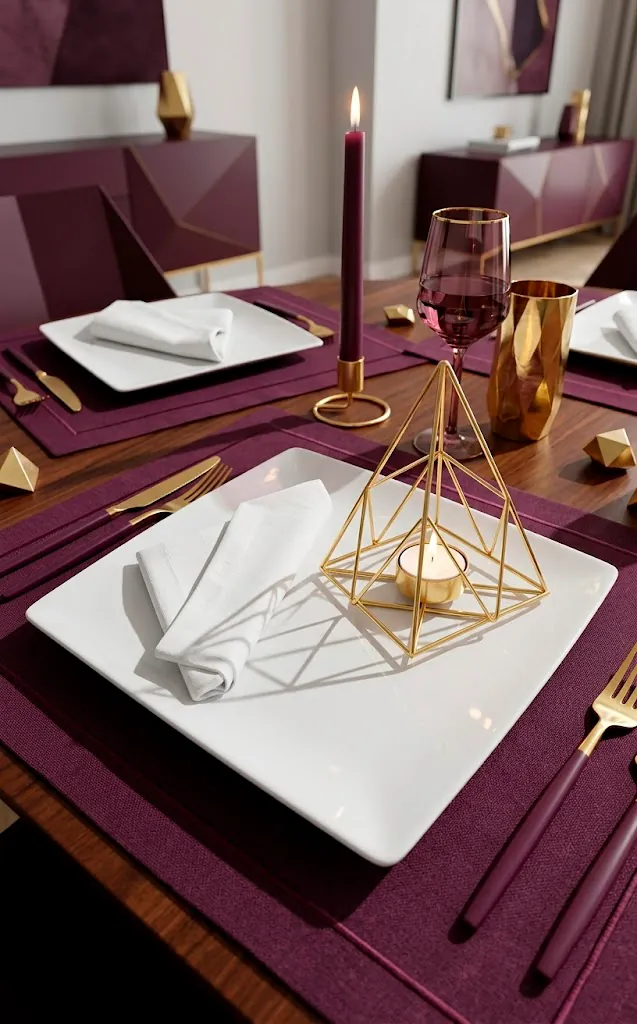 Modern geometric Thanksgiving table with gold wire candle holders and plum accents.