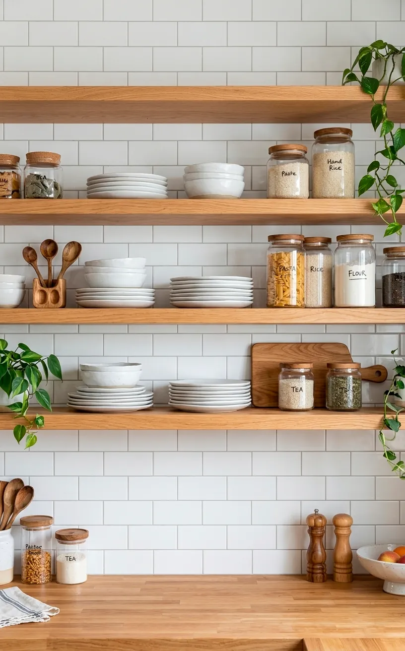 Modern coastal kitchen with open white oak shelving and organized white dishware.
