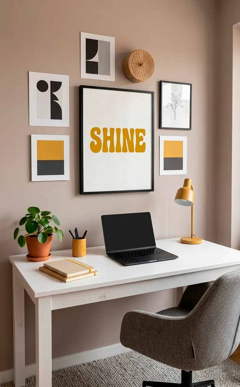 Home office gallery wall featuring a bold mustard yellow typography print.