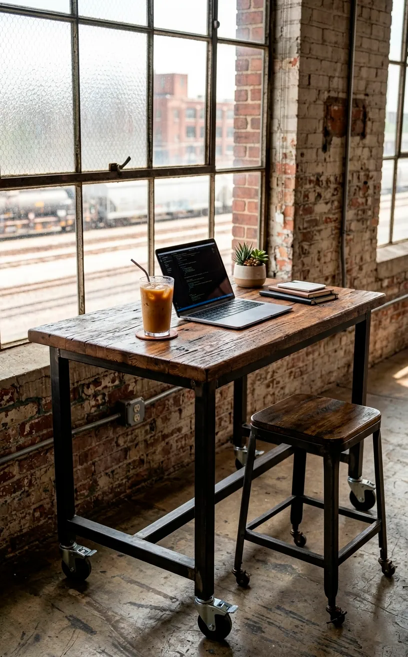 Industrial rolling desk with a rustic wood top and metal frame near a warehouse window.