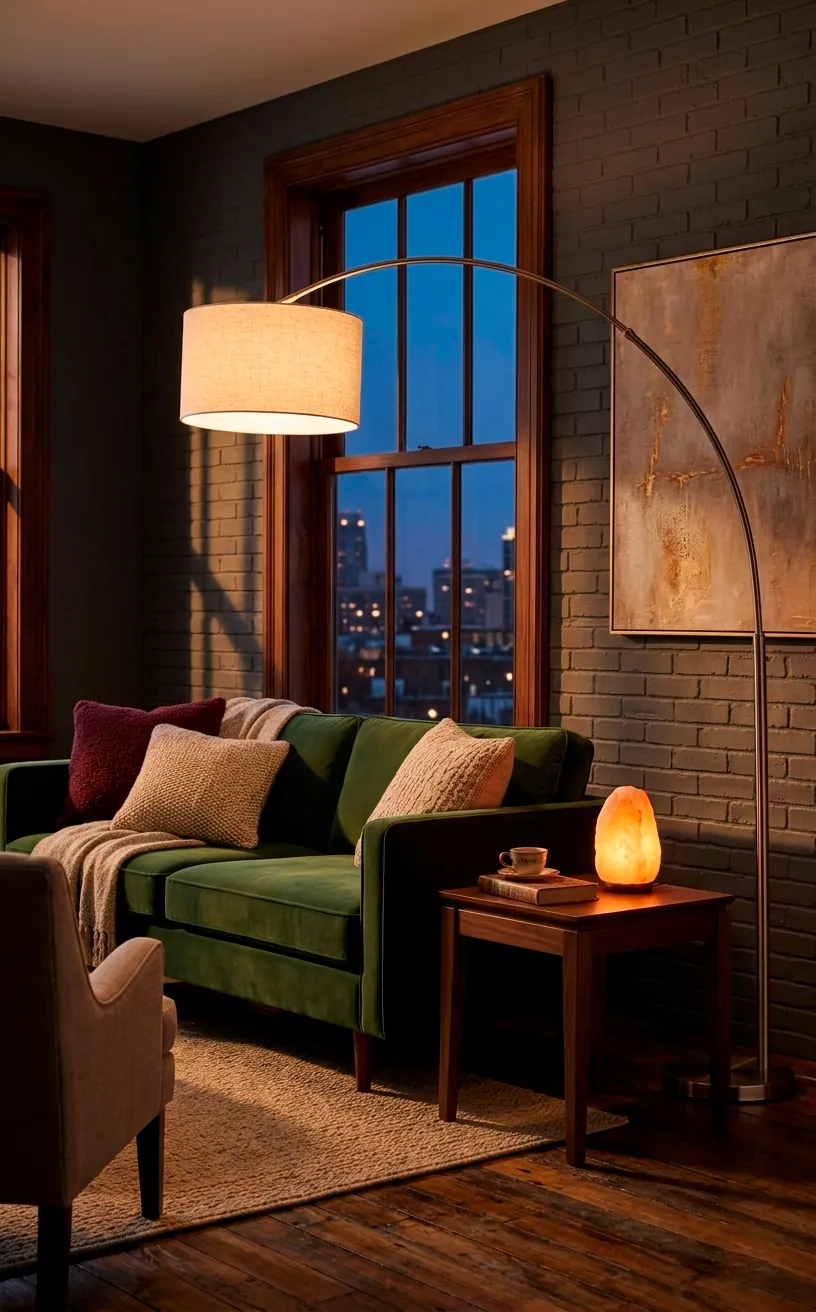 Layered lighting in a studio apartment with an arc lamp and a salt lamp.