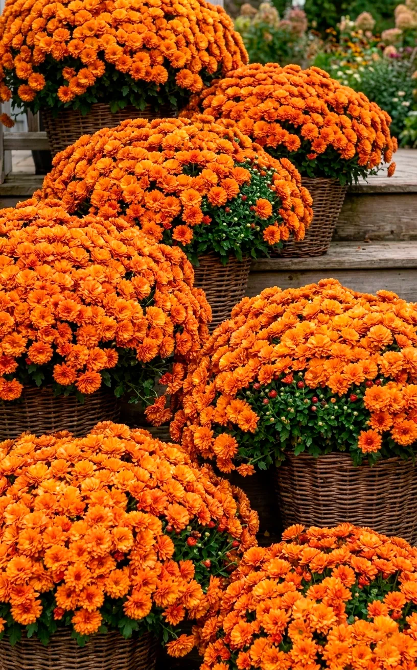 Large orange mums in wicker baskets on porch steps.