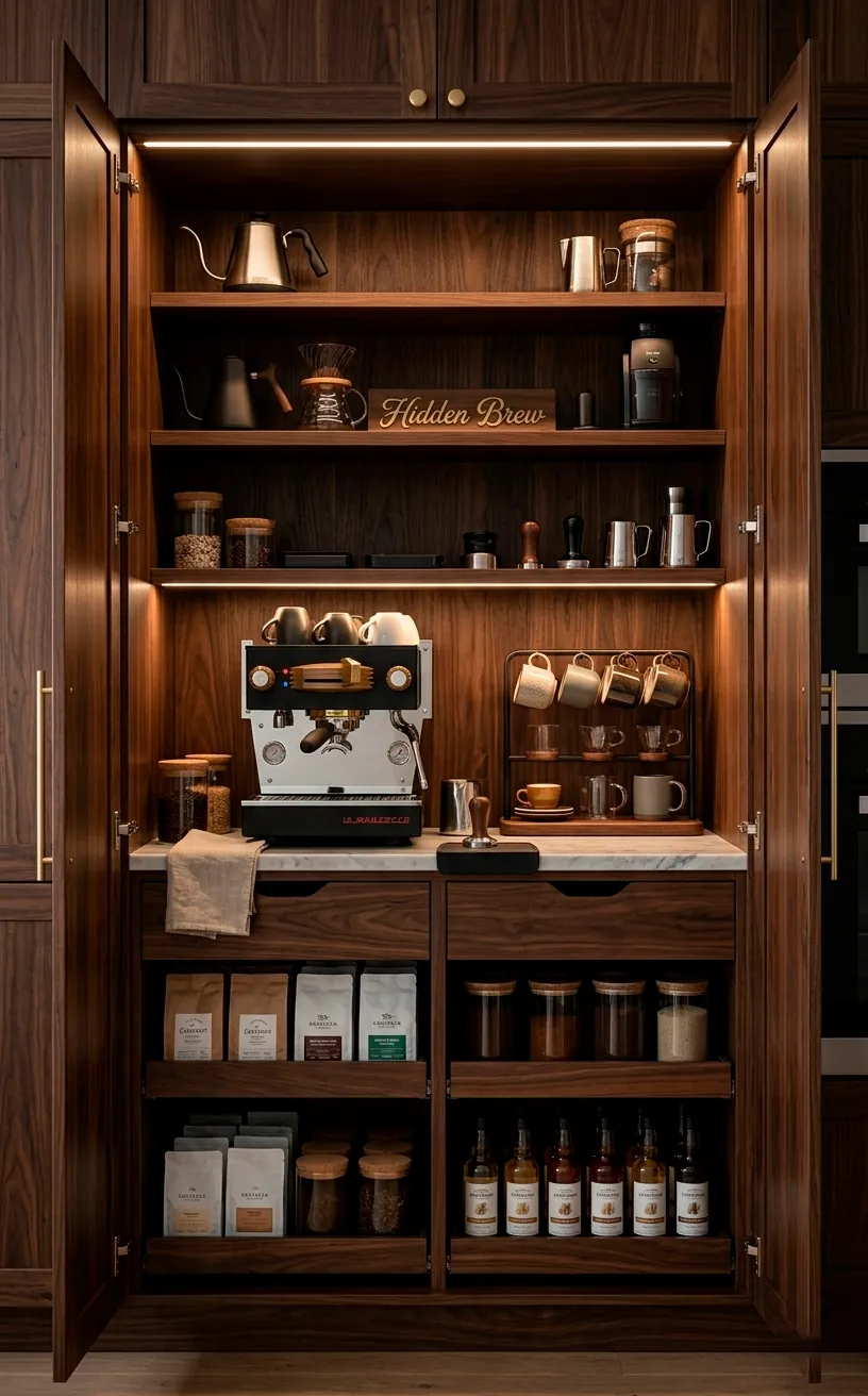 Hidden coffee bar inside a pantry with dark walnut wood lining.