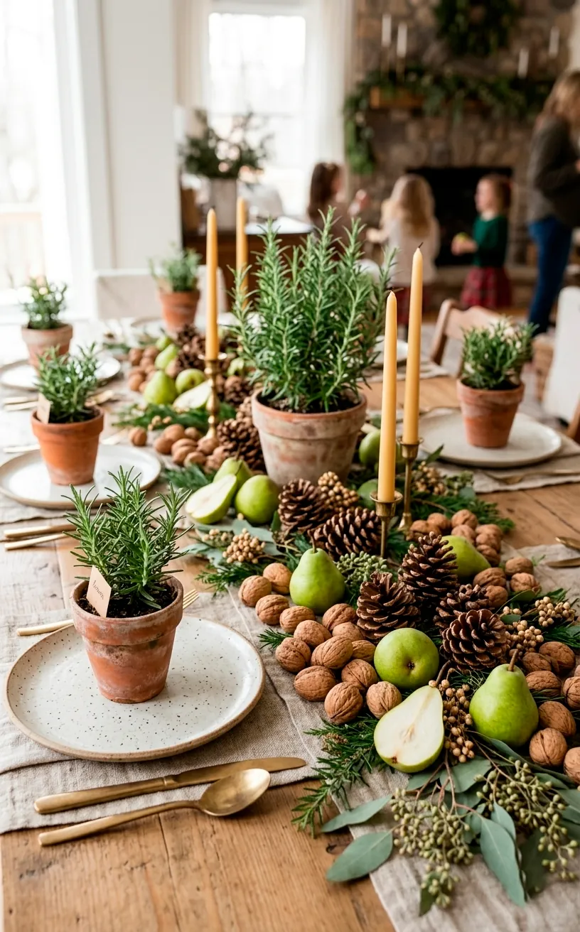 Holiday table decorated with pinecones, walnuts, pears, and small rosemary pots.
