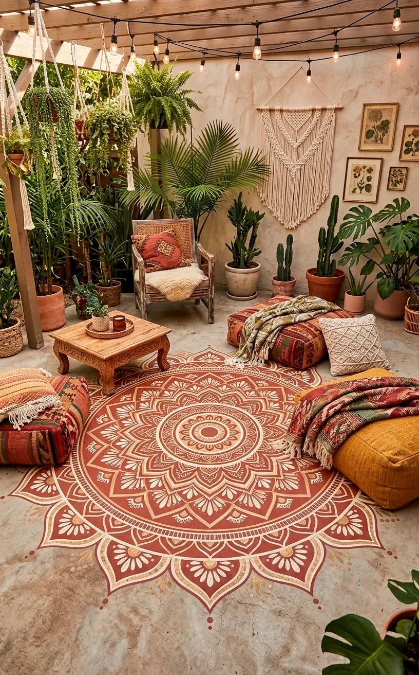 A bohemian patio with a large painted mandala pattern on the concrete floor.