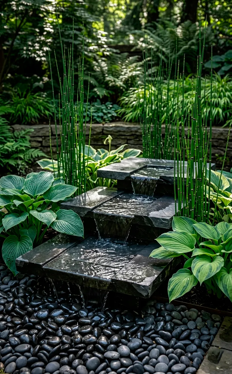 Minimalist slate water fountain with flowing water in a modern garden.