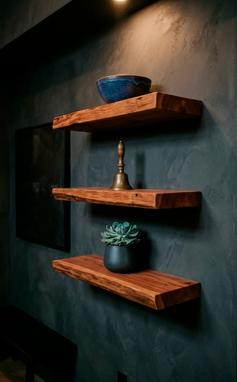 Thick floating cedar shelves on a dark wall in a modern rustic foyer.