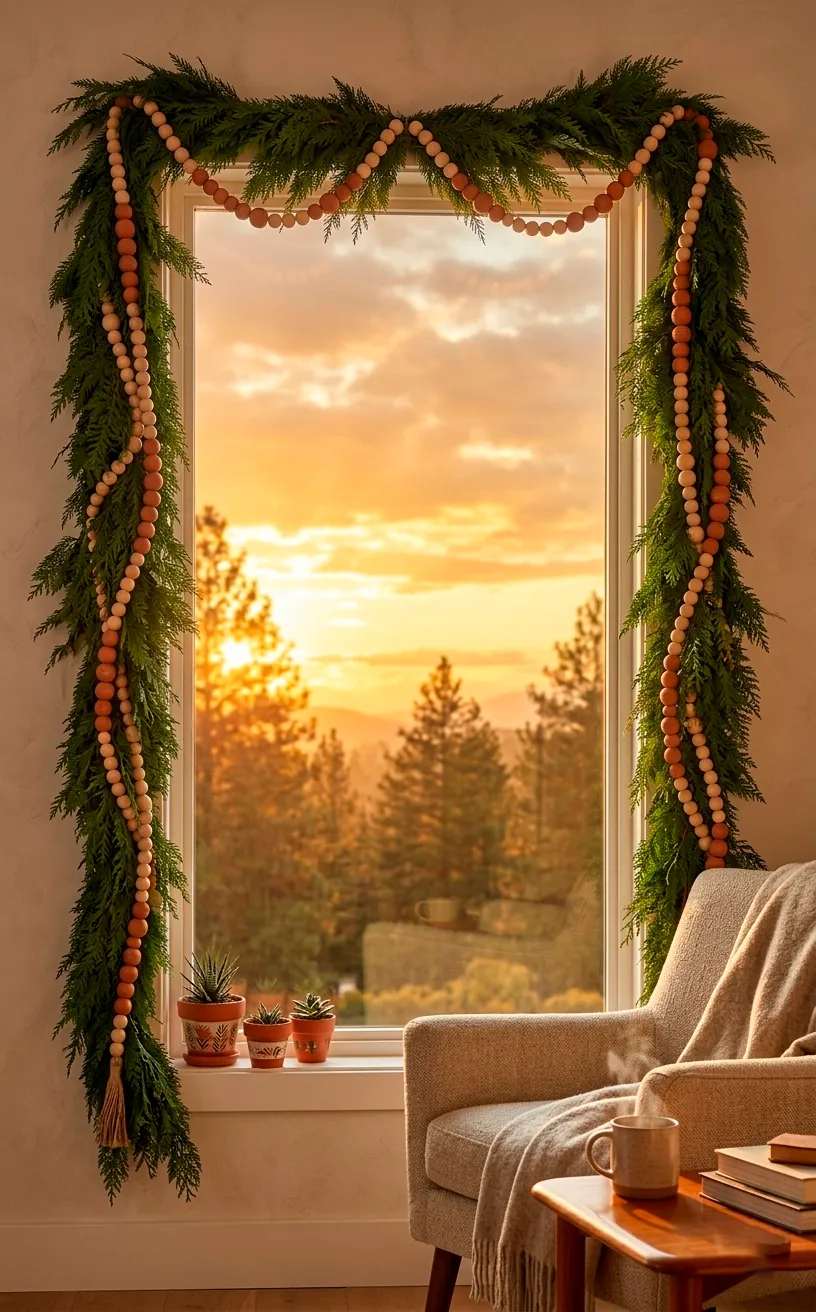 Greenery garland with terracotta and wooden beads draped over a window.