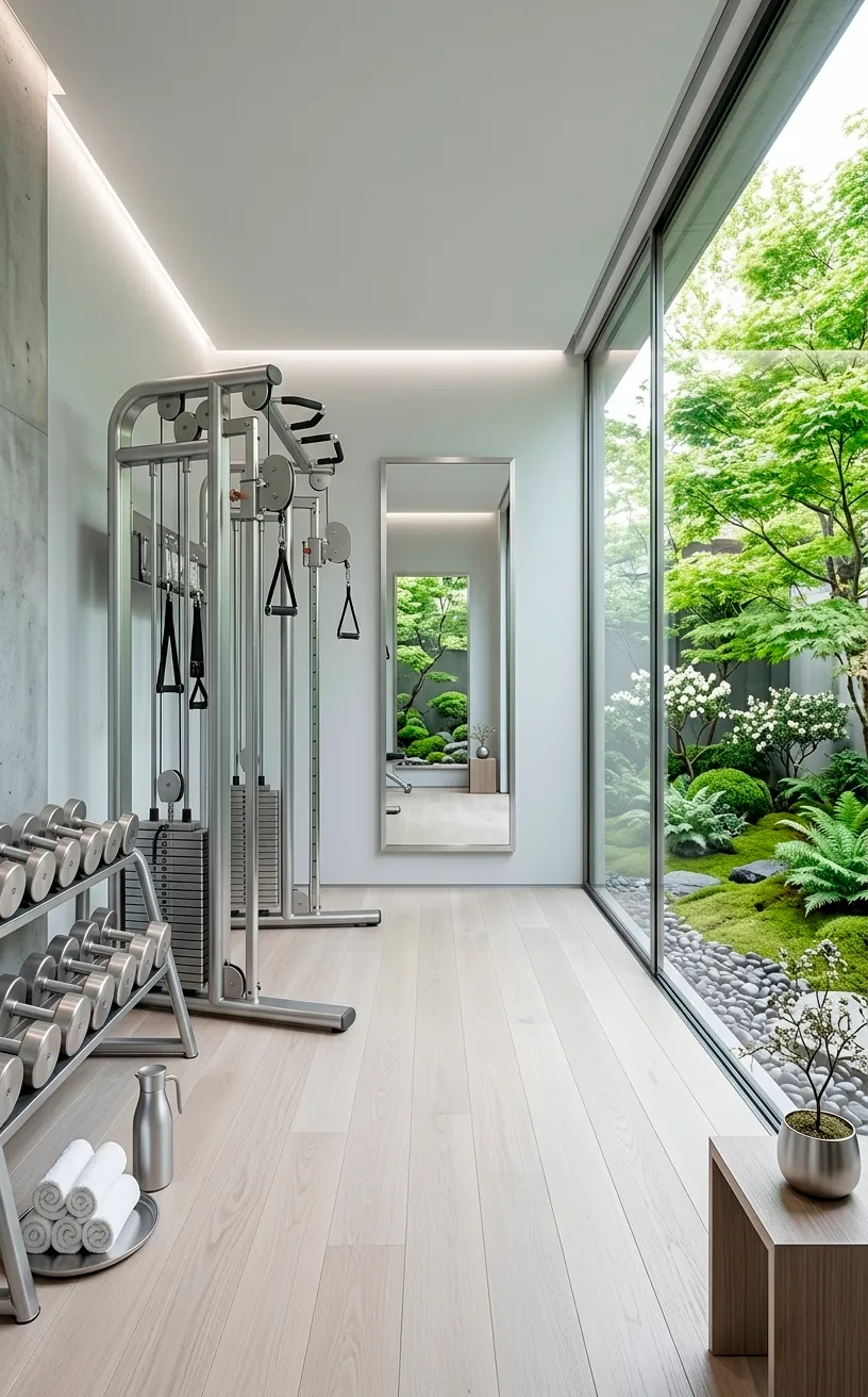 Luxury silver and light grey home gym with brushed aluminum equipment and ash flooring.