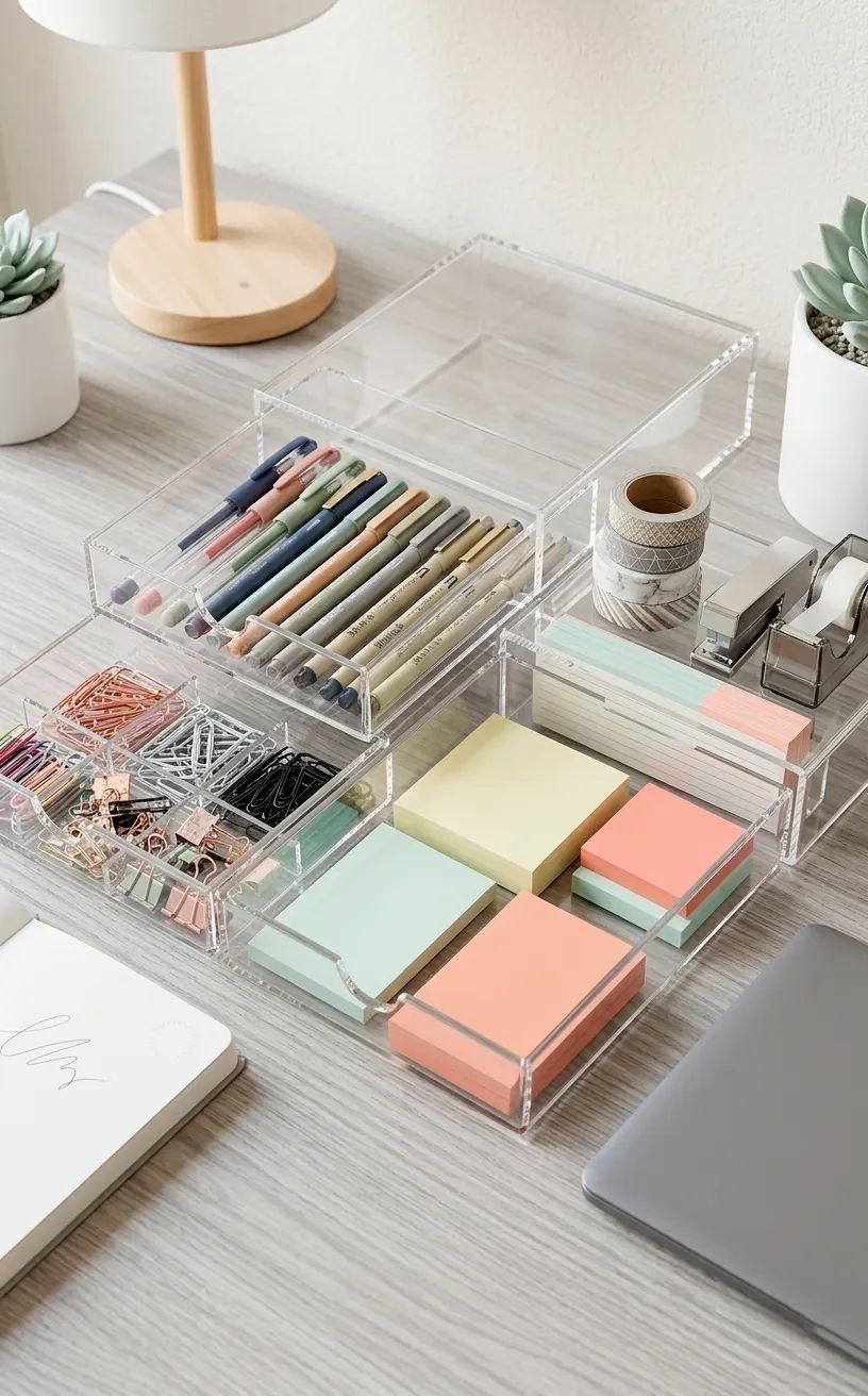 Organized desk with clear acrylic trays and minimalist office supplies in a bright room.