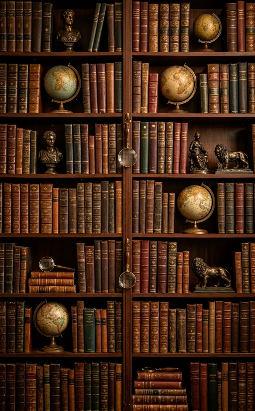 Bookshelves organized with antique globes and bronze statues.