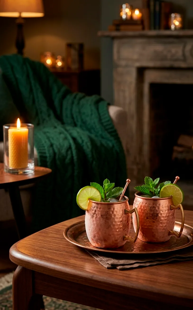 Two frosted copper Moscow mule mugs with lime on a wooden tray in a cozy room.