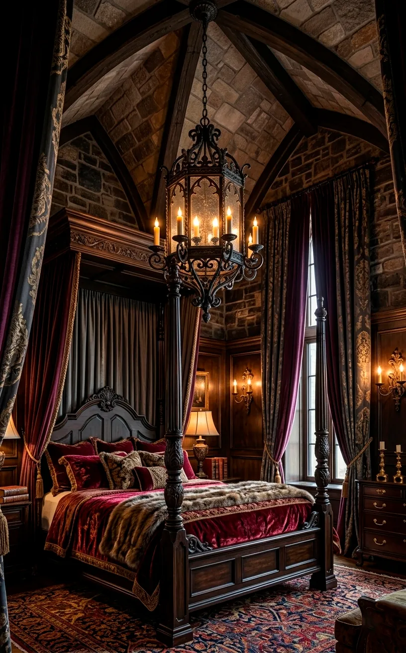 Gothic iron lantern chandelier in a luxury bedroom with a four-poster bed.