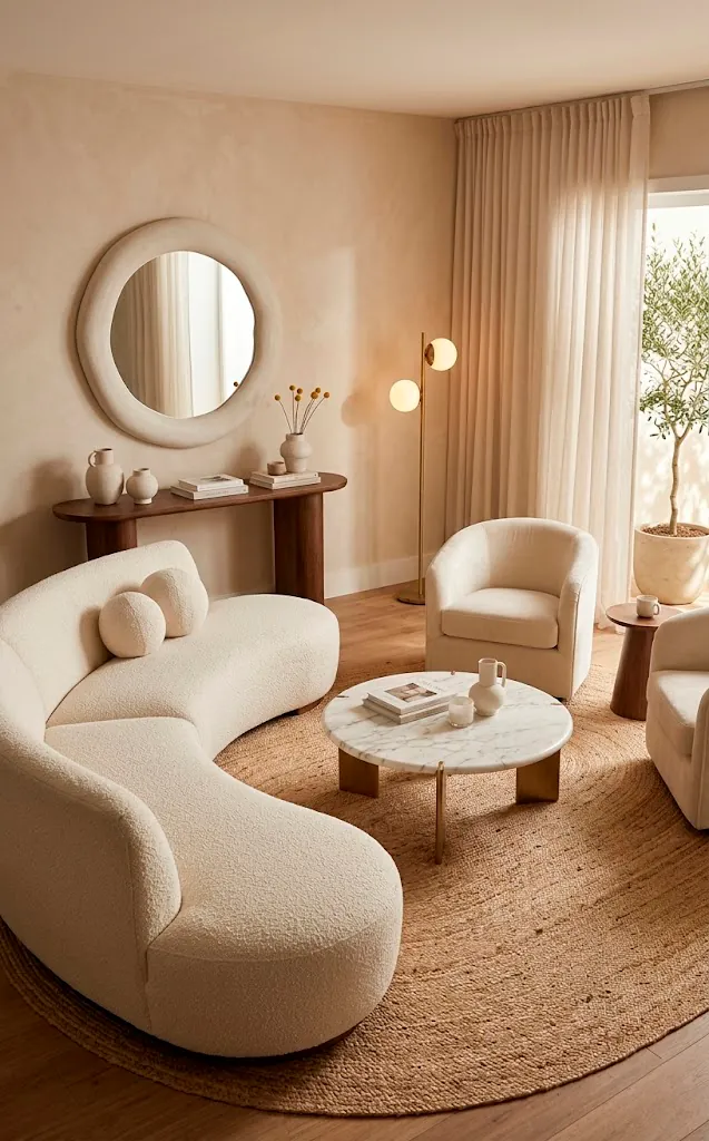 Curved bouclé sofa and round coffee table in a modern organic living room.