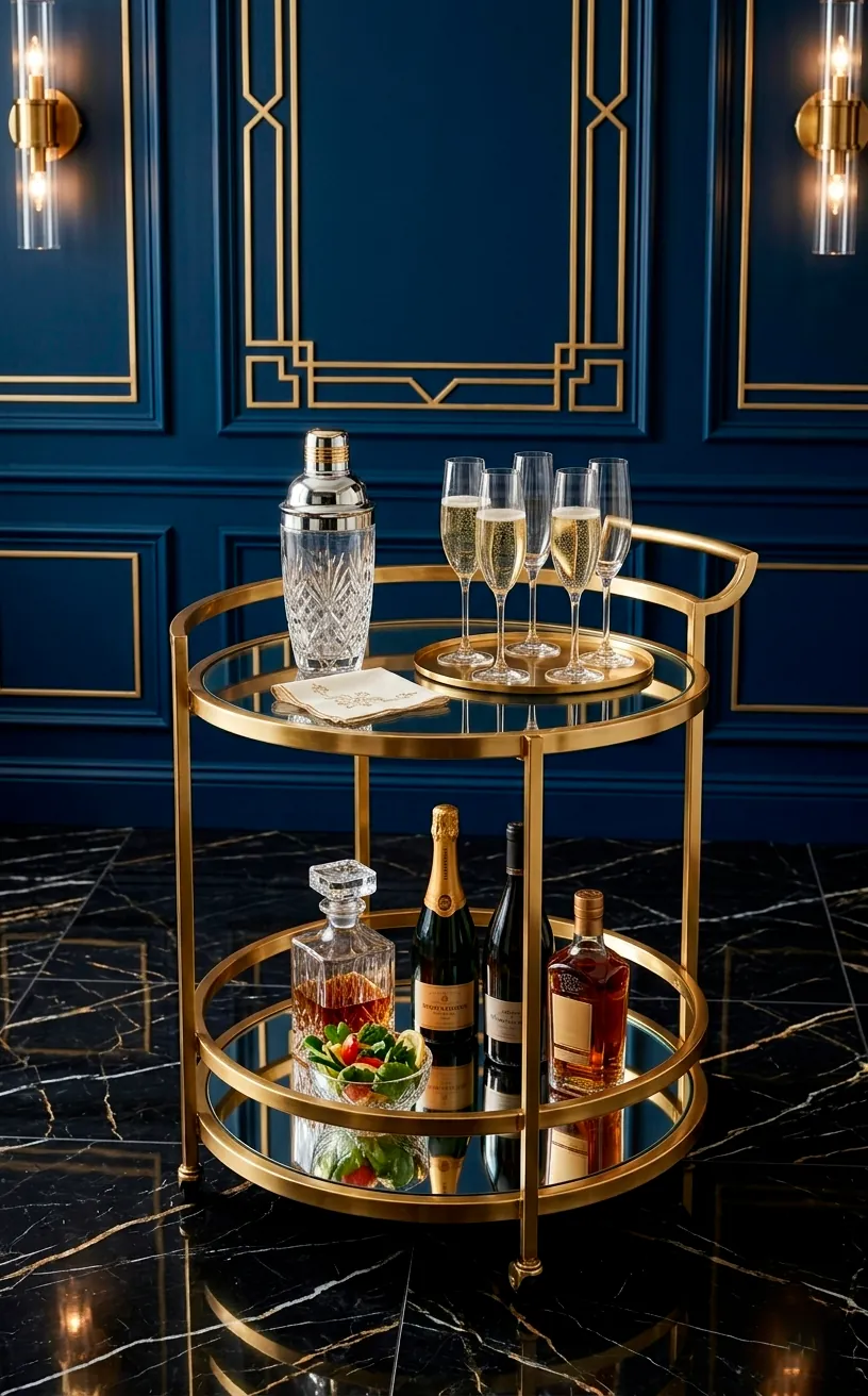 Gold circular bar cart with mirrored shelves and crystal glassware.
