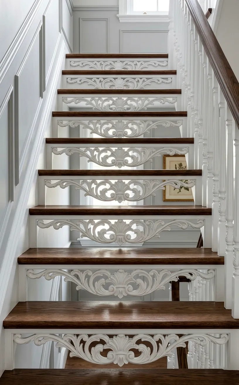 Decorative hand-carved scrollwork brackets under the steps of a traditional staircase.