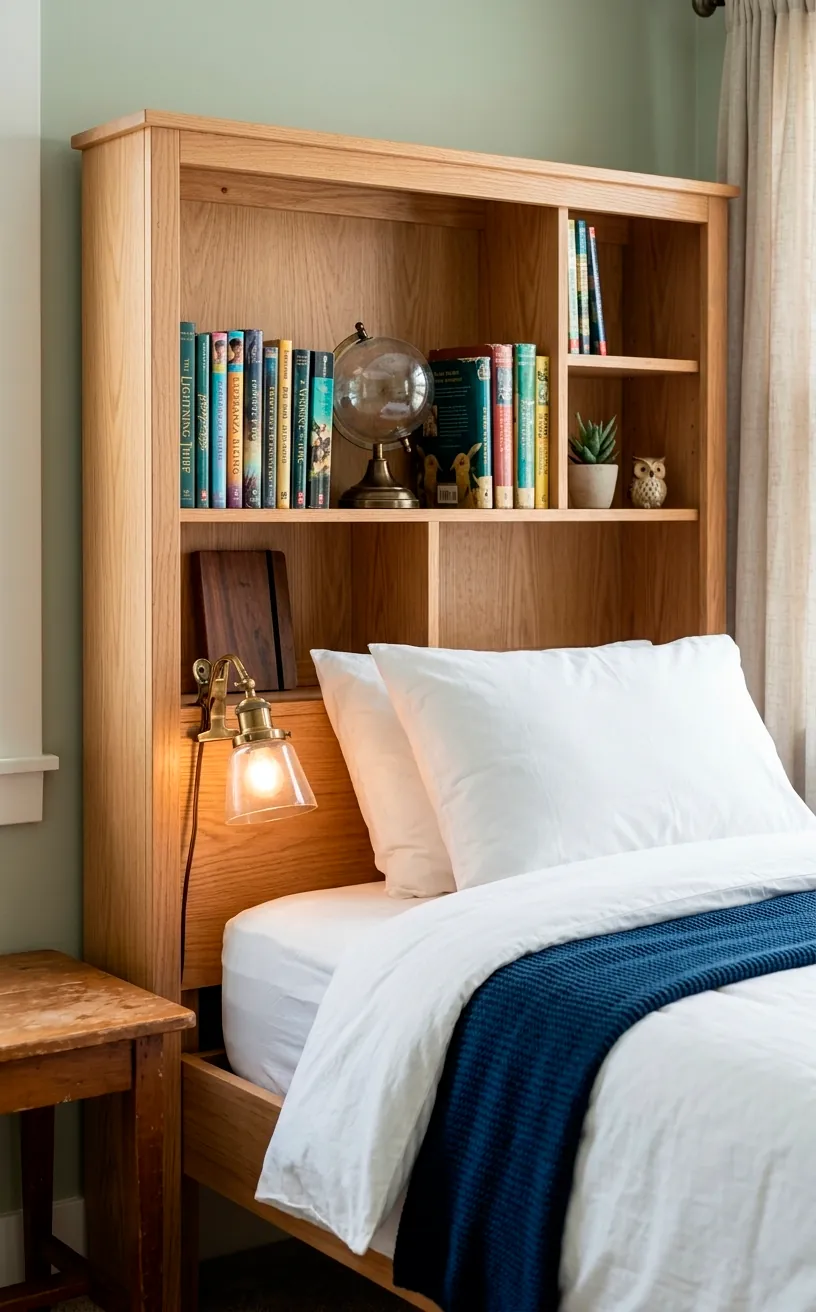 Wooden twin bed with a storage headboard filled with books and a lamp.