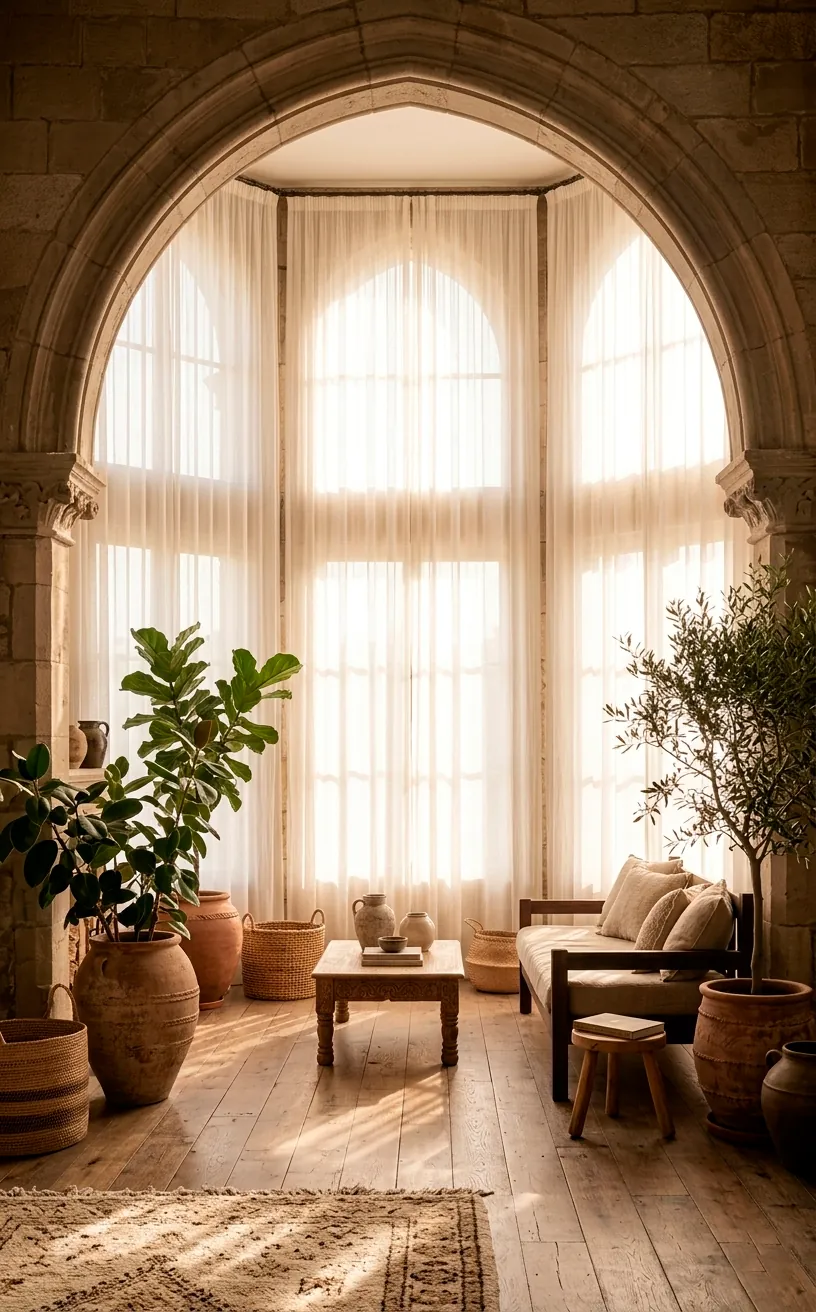 Soft morning sunlight filtering through sheer linen curtains in a cozy room.