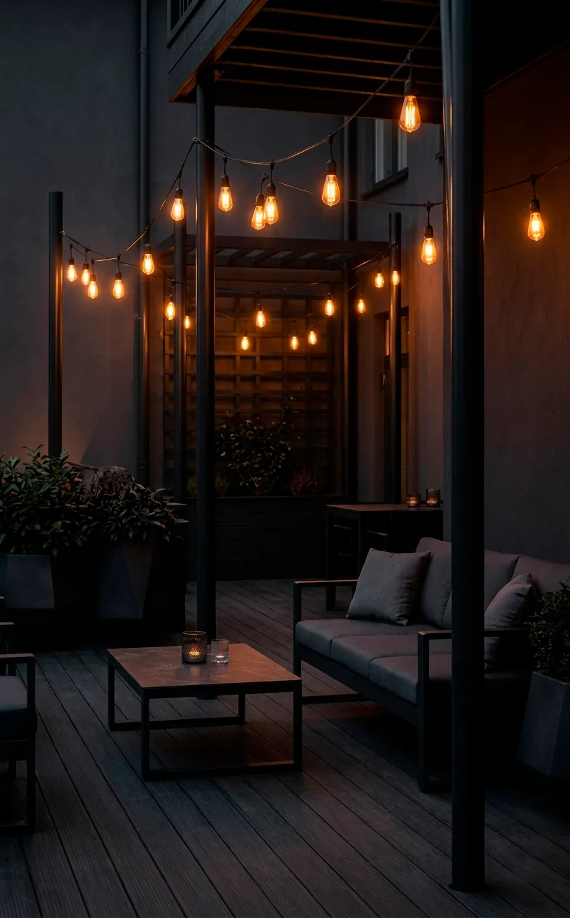 Sleek black string light poles with warm Edison bulbs on a modern patio.
