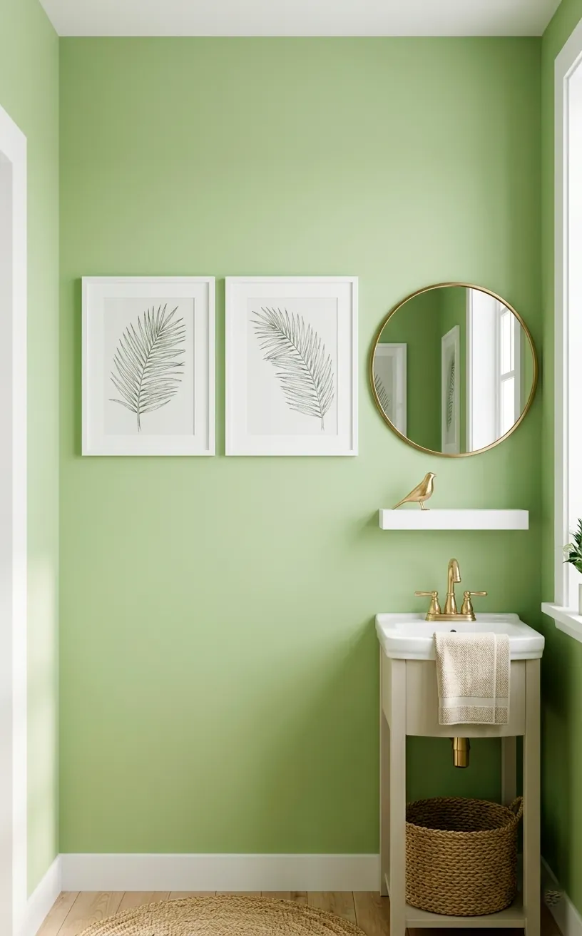 Palm frond sketches in white frames on a pistachio green bathroom wall.