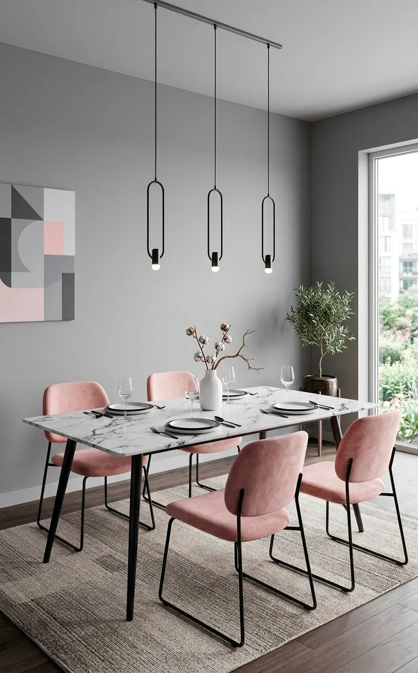 Modern grey dining room with soft blush pink chairs and marble table.