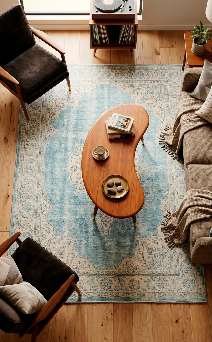 Faded pastel blue distressed area rug on a light wood floor in a cozy room.