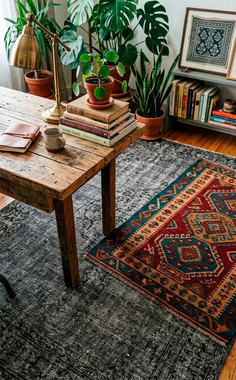 Bohemian office with a Turkish kilim rug layered over a gray flat-weave rug.