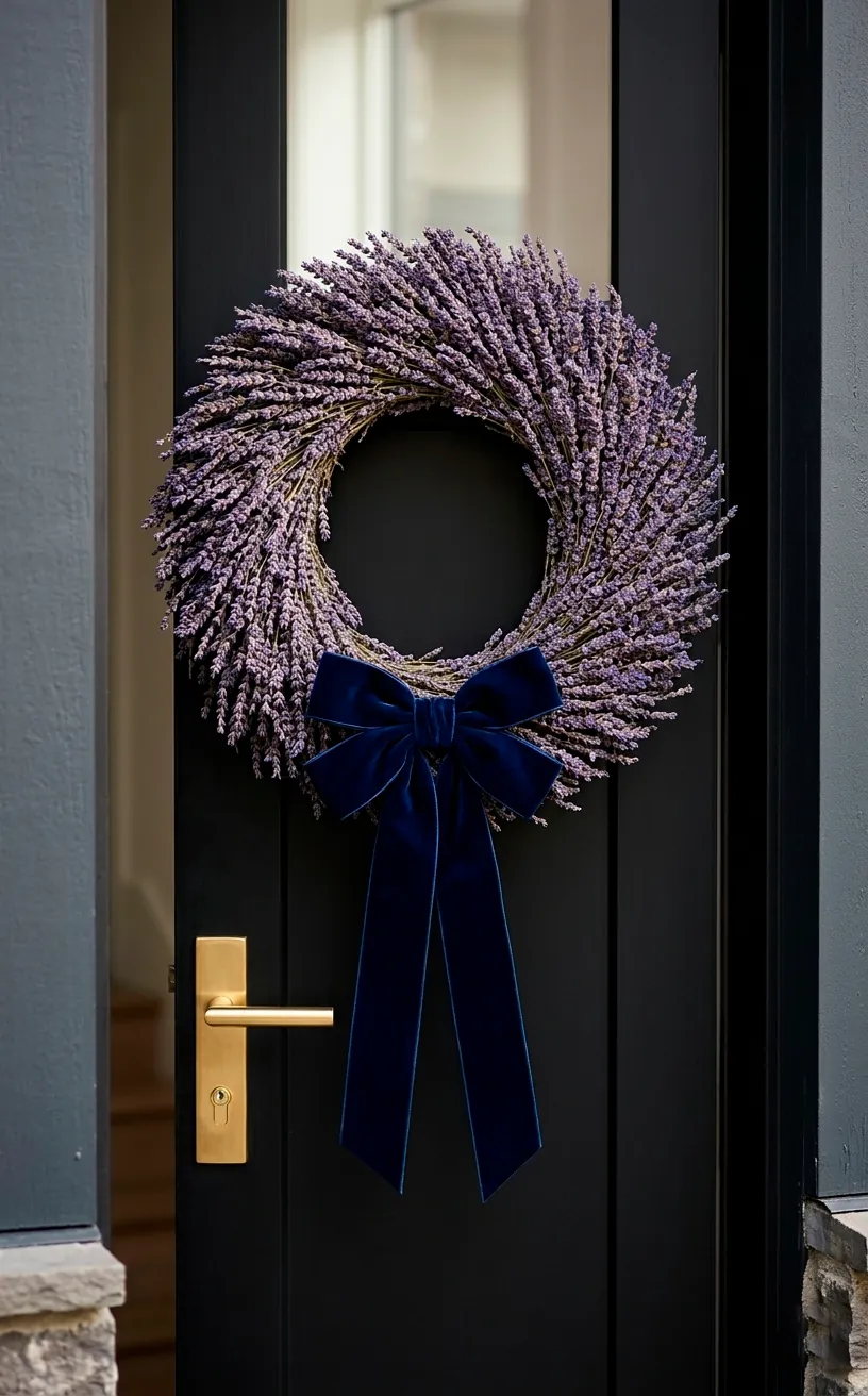Dried lavender wreath with a navy velvet bow on a black front door.