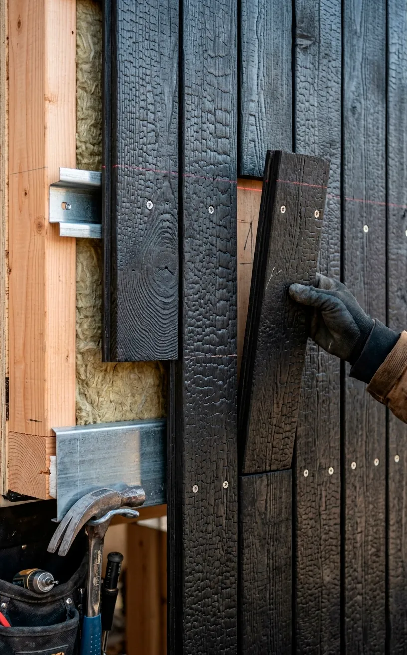 Vertical installation of black charred wood planks on a house.