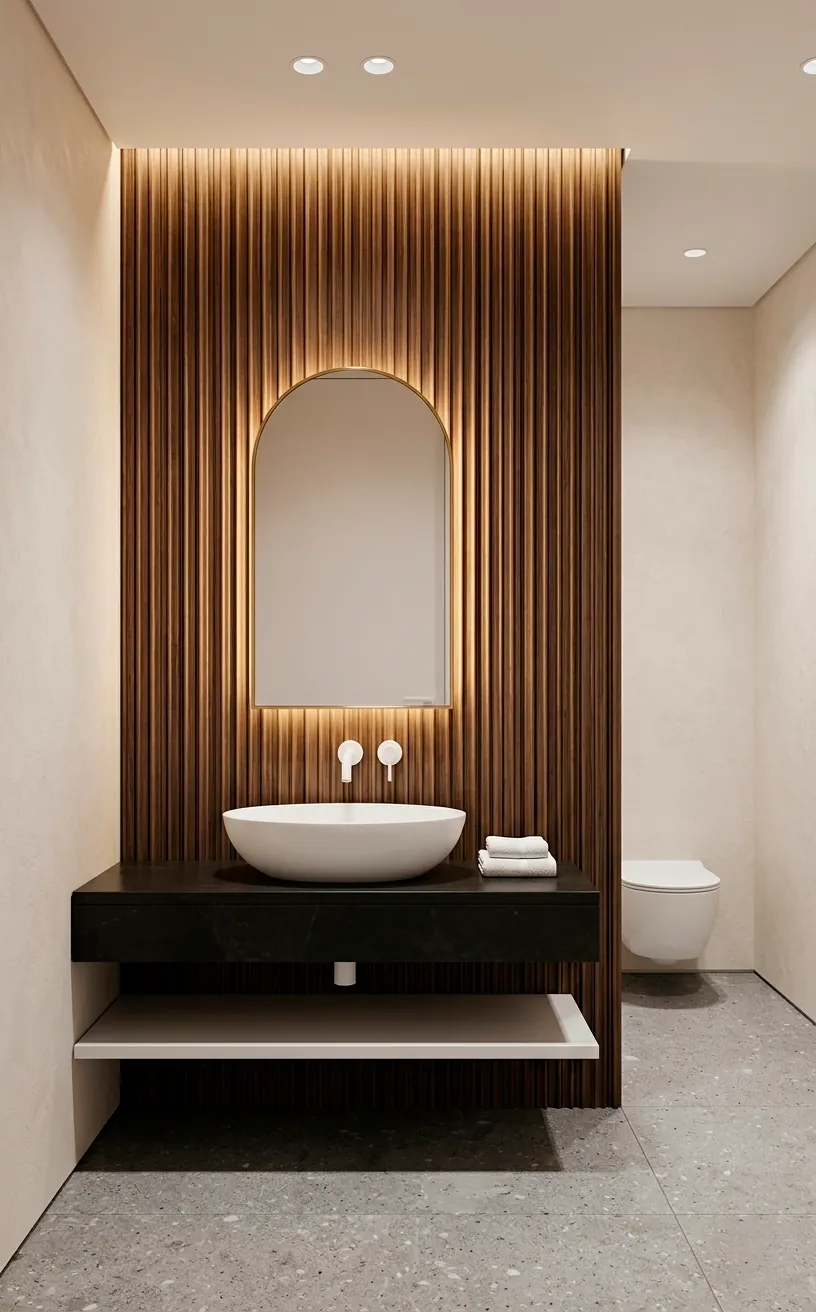 Black fluted wood paneling in a modern luxury powder room.