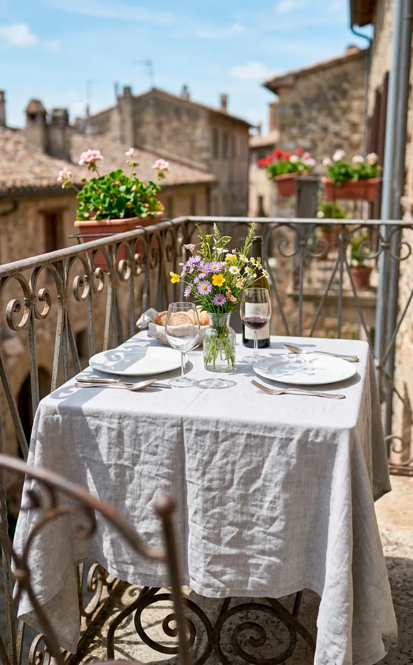A small balcony dining table covered in a light grey linen tablecloth with a simple dinner setup.