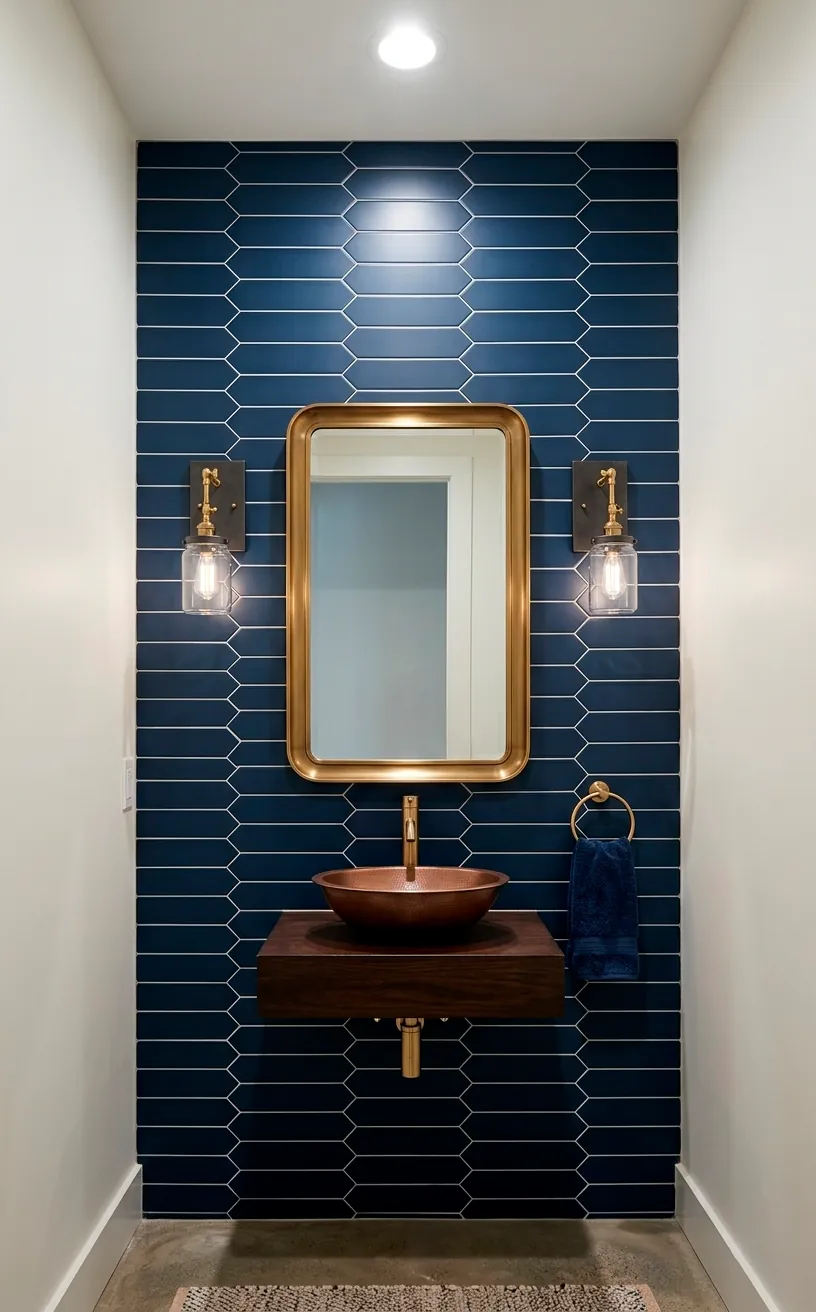 Navy blue picket tiles on a bathroom wall with brass accents and industrial lighting.