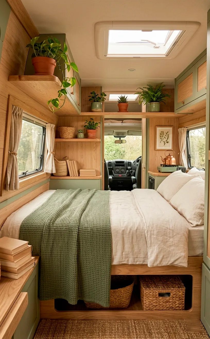 Sage green and oak van interior with organic decor.