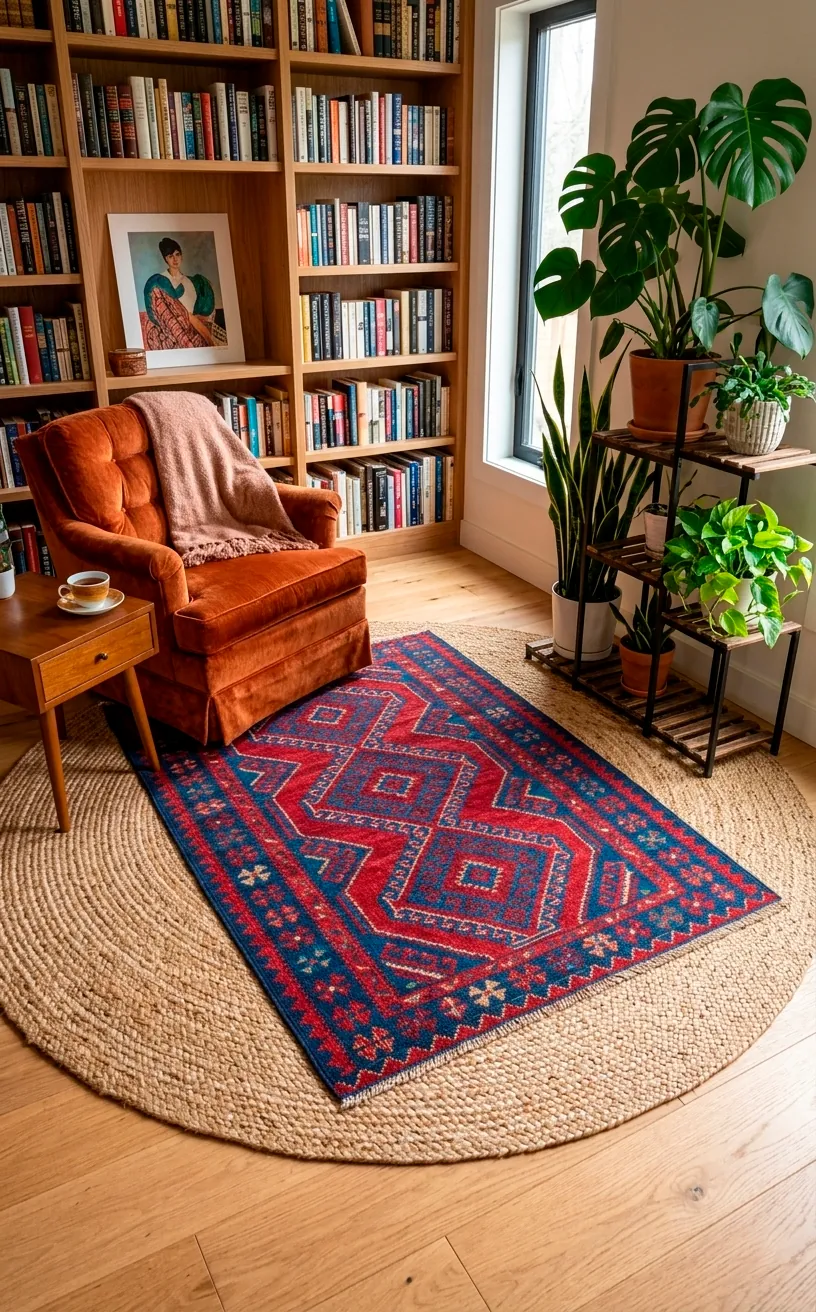 Colorful geometric Kilim rug layered over a jute rug in a boho reading space.