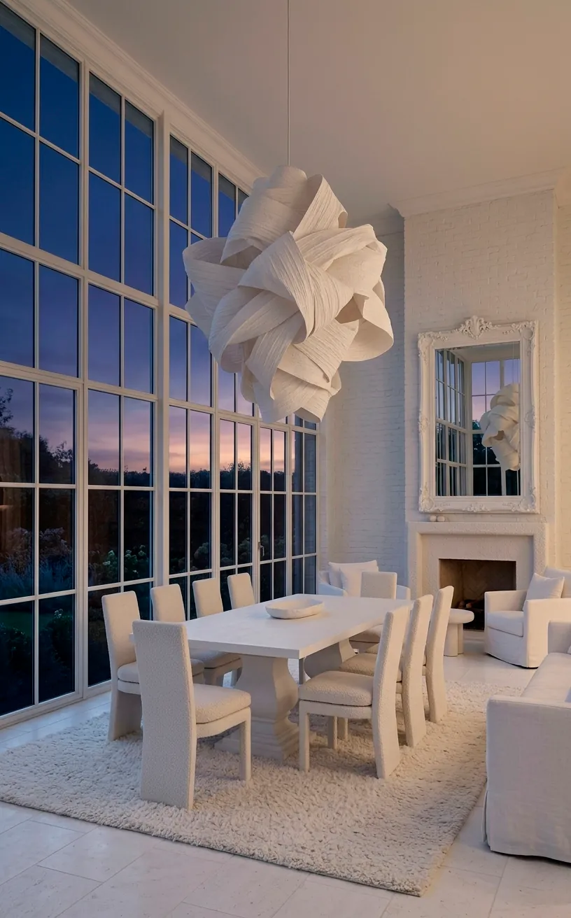 White sculptural pendant light in an all-white modern sunroom at twilight.