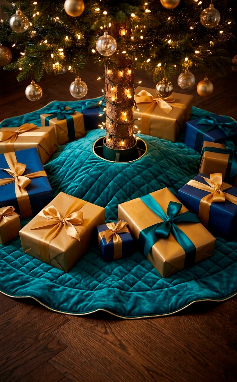 Teal velvet tree skirt at the base of a Christmas tree with gold and sapphire wrapped gifts.